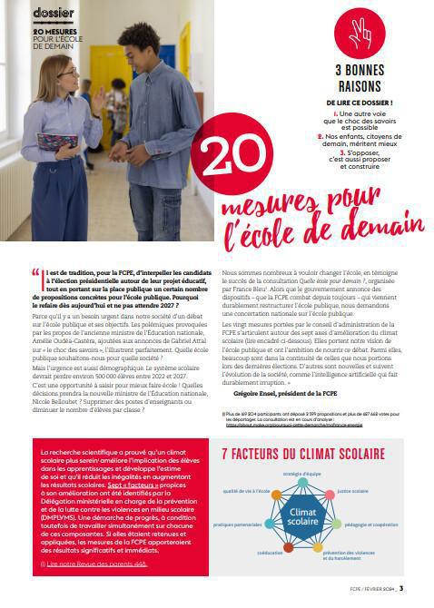 les 20 mesures pour l'école de demain par la FCPE, défendons les chaque jour un peu plus