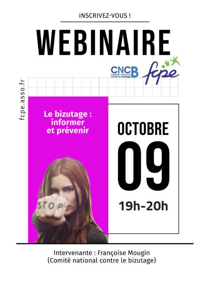 La FCPE organise un webinaire sur les dangers du bizutage: 2 options: s'inscrire en ligne ou attendre le replay sur l'appli