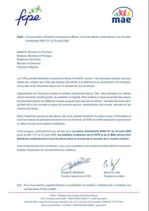 Votre établissement scolaire n'a pas distribué les flyers MAE/FCPE? En PJ le modèle de courrier à envoyer par mail