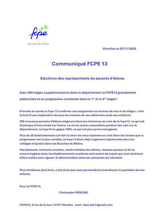 Elections de parents d'élèves, la FCPE 13 plus que jamais 1ère association des Bouches du Rhône