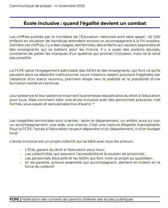 Ecole inclusive: le communiqué de la fcpe