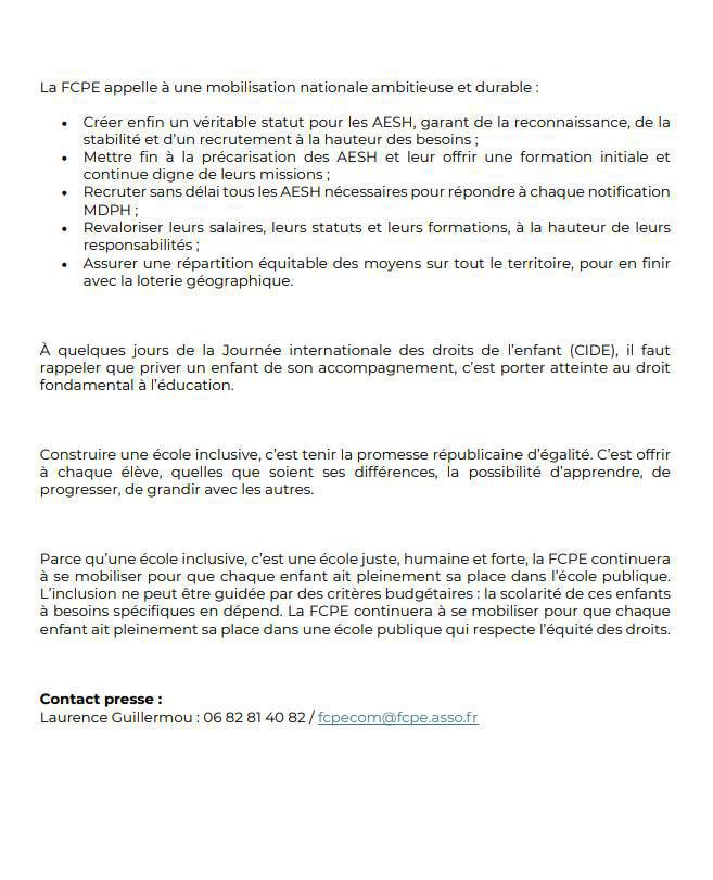 Ecole inclusive: le communiqué de la fcpe