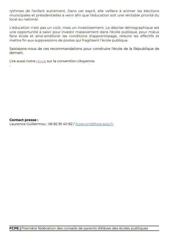 Convention citoyenne: le communiqué FCPE et le rapport en PJ