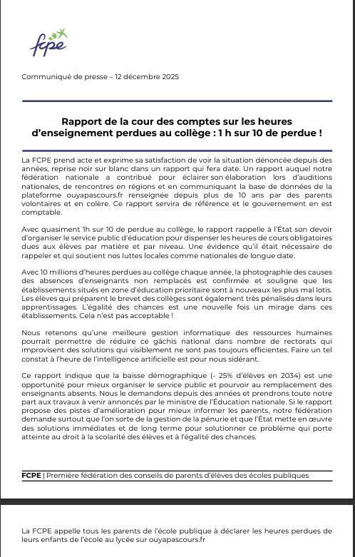 Rapport de la cour des comptes sur les heures d'enseignement perdues au collège : 1 heure sur 10 de perdue !