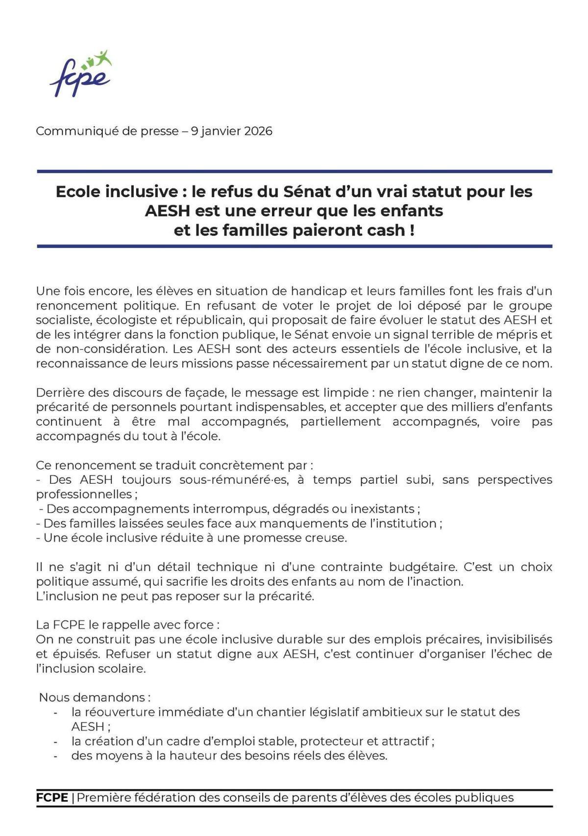 le sénat refuse un vrai statut pour les AESH, les enfants en première ligne!