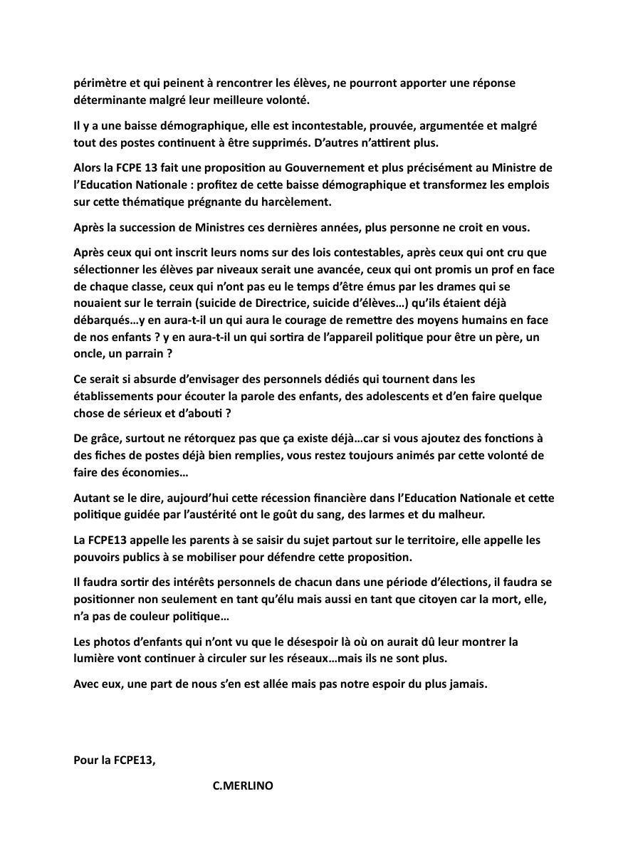 Harcèlement: le communiqué fcpe13