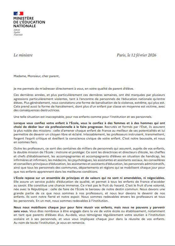Violences dans les établissements scolaires: la lettre du Ministre