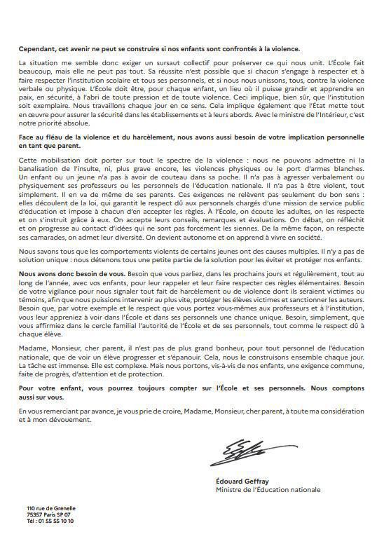 Violences dans les établissements scolaires: la lettre du Ministre
