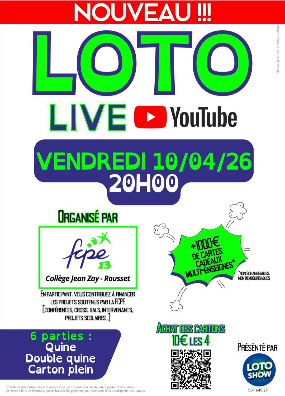 Ce soir! loto en live sur you tube pour le collège Jean Zay à Rousset! 