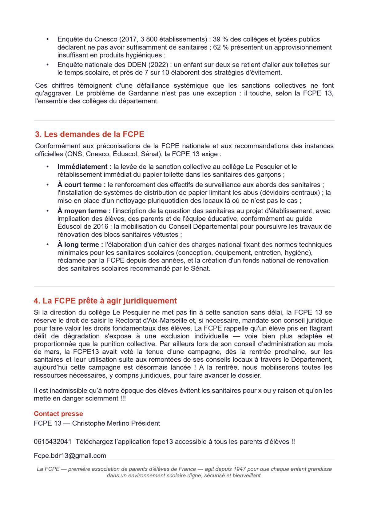 Punition collective pour les sanitaires au collège: c'est non! retrouvez les articles de presse dans l'onglet médias de votre application