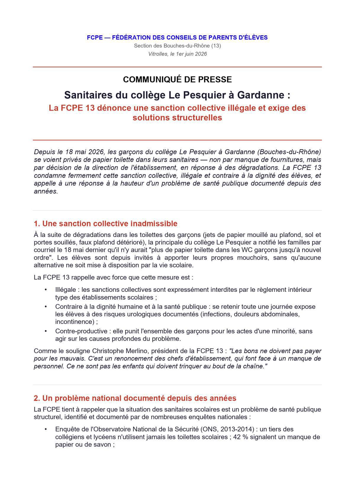 Punition collective pour les sanitaires au collège: c'est non! retrouvez les articles de presse dans l'onglet médias de votre application