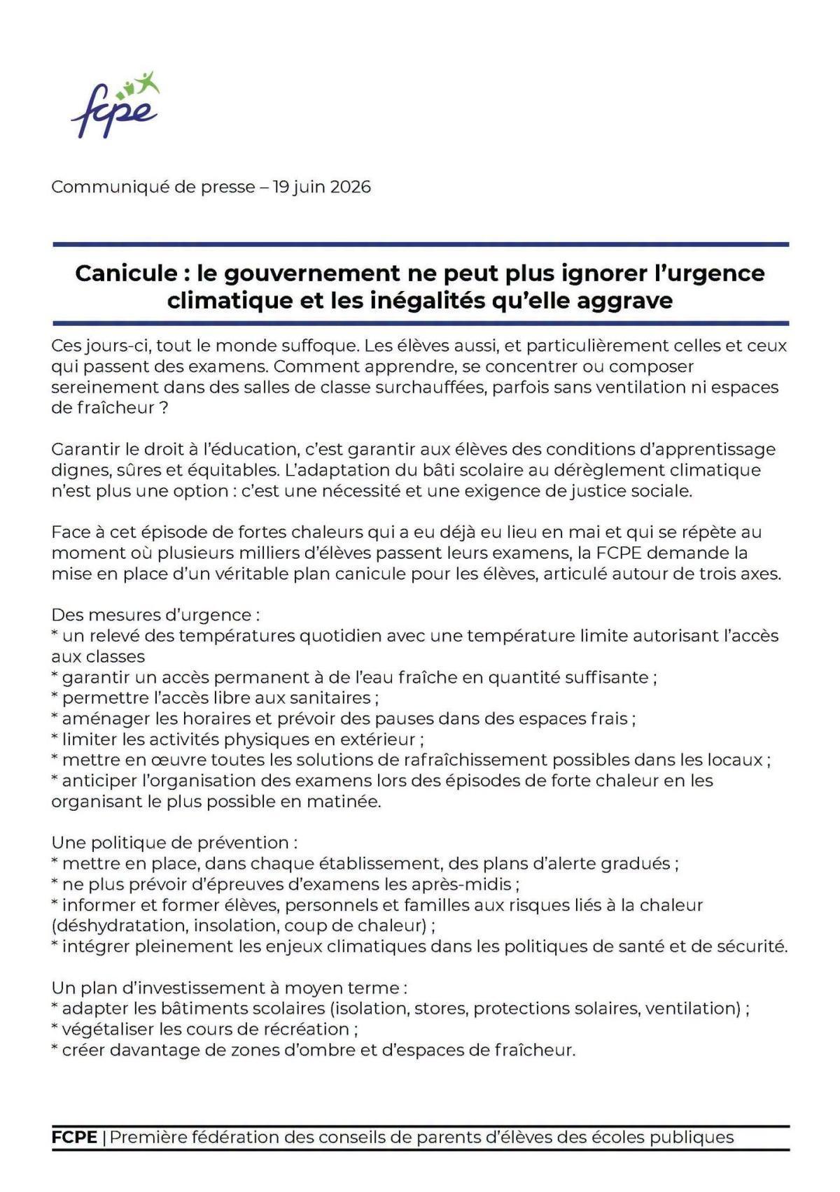 Canicule: une seule option, la révision du bâti scolaire!