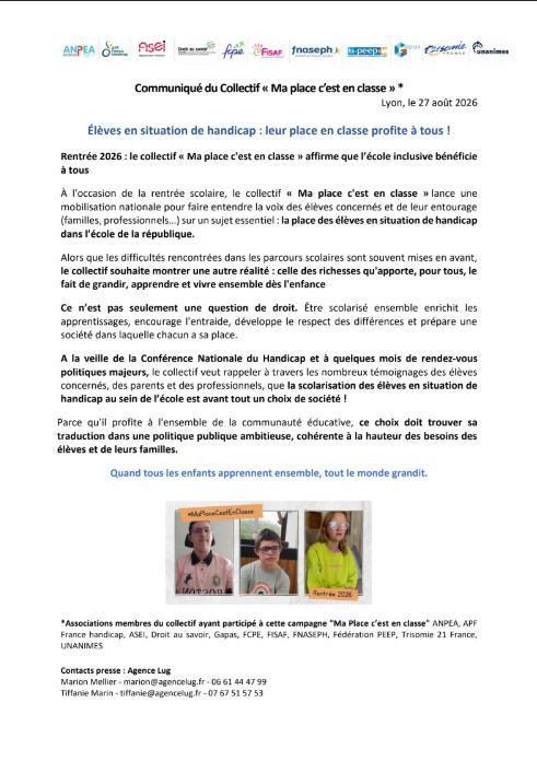 Vous trouverez ci-joint, le communiqué de presse du Collectif Ma place c’est en classe : 