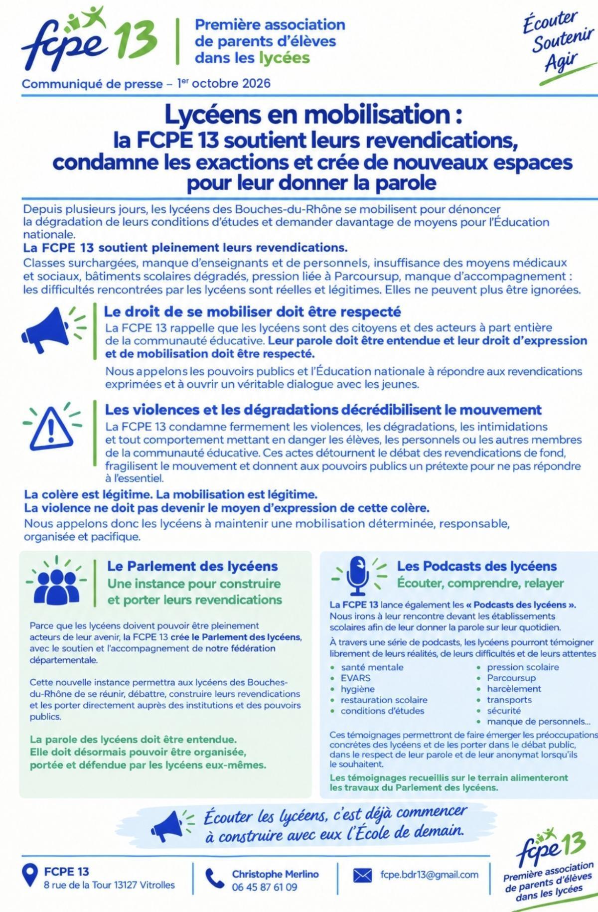 Blocus lycées : communiqué fcpe13