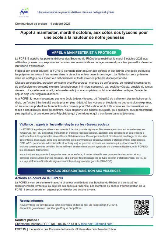 extrêmement important: interrogez vos enfants...et encadrez la mobilisation avec la fcpe13