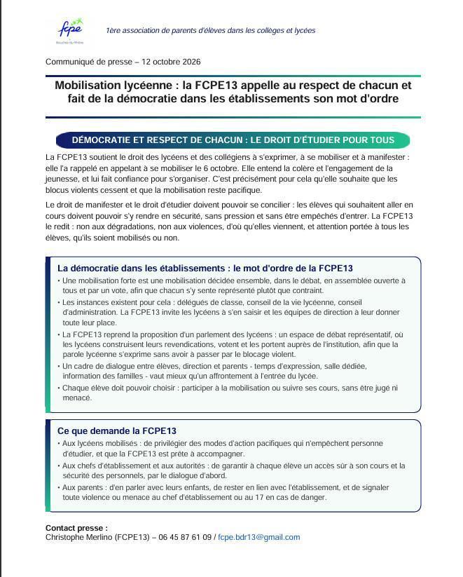 mobilisation lycéenne: la FCPE13 sera une nouvelle fois à leurs côtés. mobilisation lycéenne: la FCPE13 sera une nouvelle fois à leurs côtés.