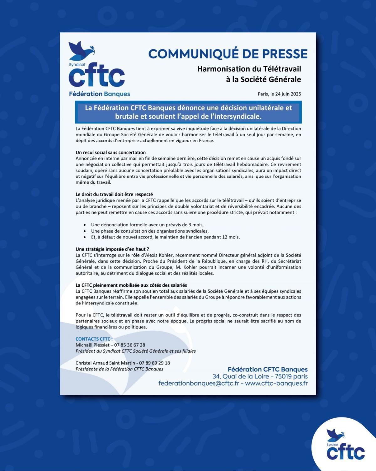 Société Générale impose une réduction du télétravail, sans dialogue ni respect des accords !