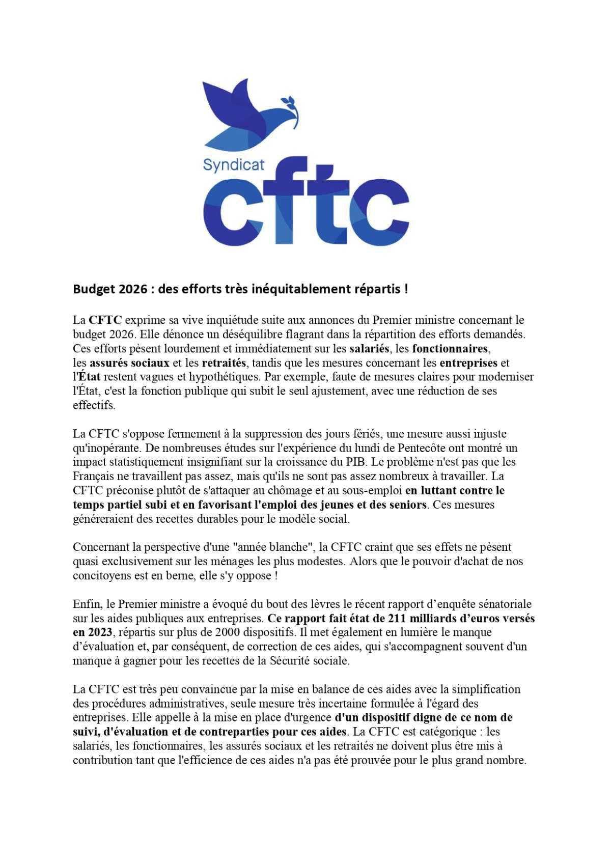 Budget 2026 : des efforts injustement répartis, la CFTC tire la sonnette d’alarme !