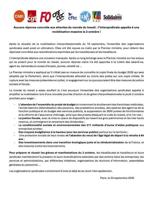 Nouvelle journée de mobilisation le 2 octobre Nouvelle journée de mobilisation le 2 octobre