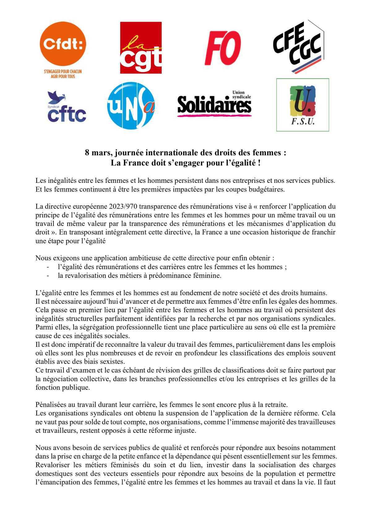 8 mars 2026 : Pour une égalité réelle entre les femmes et les hommes