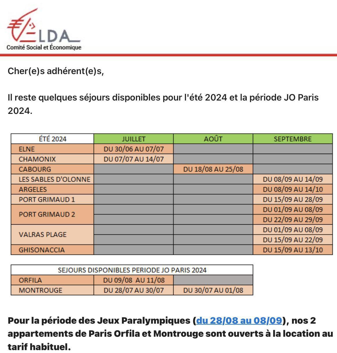 Disponibilités Locations été 2024