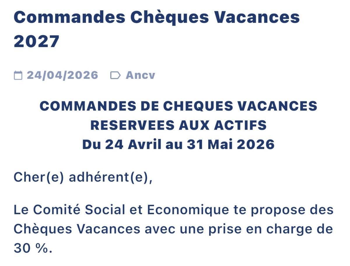 Commandes Chèques Vacances 2027 