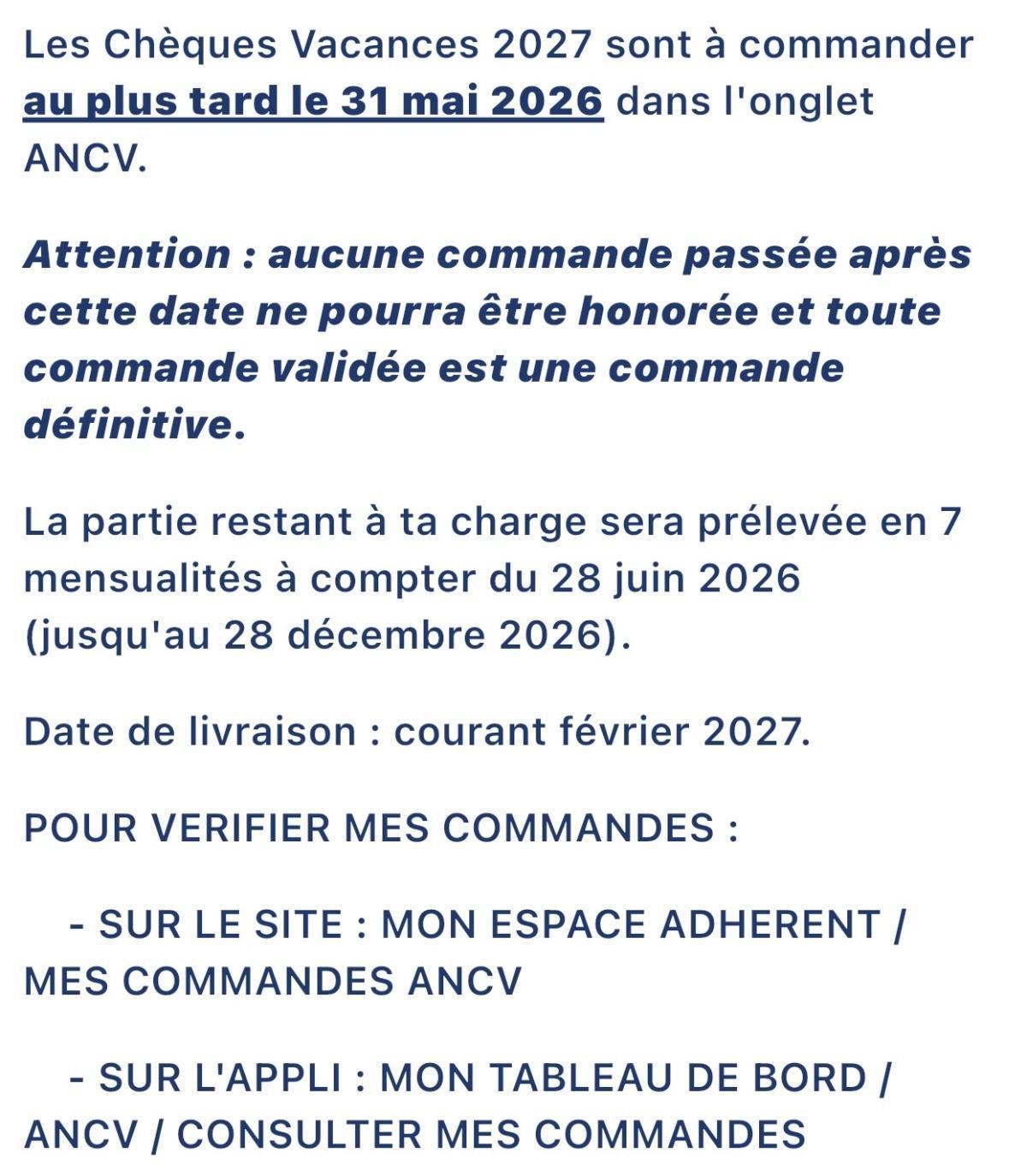 Commandes Chèques Vacances 2027 