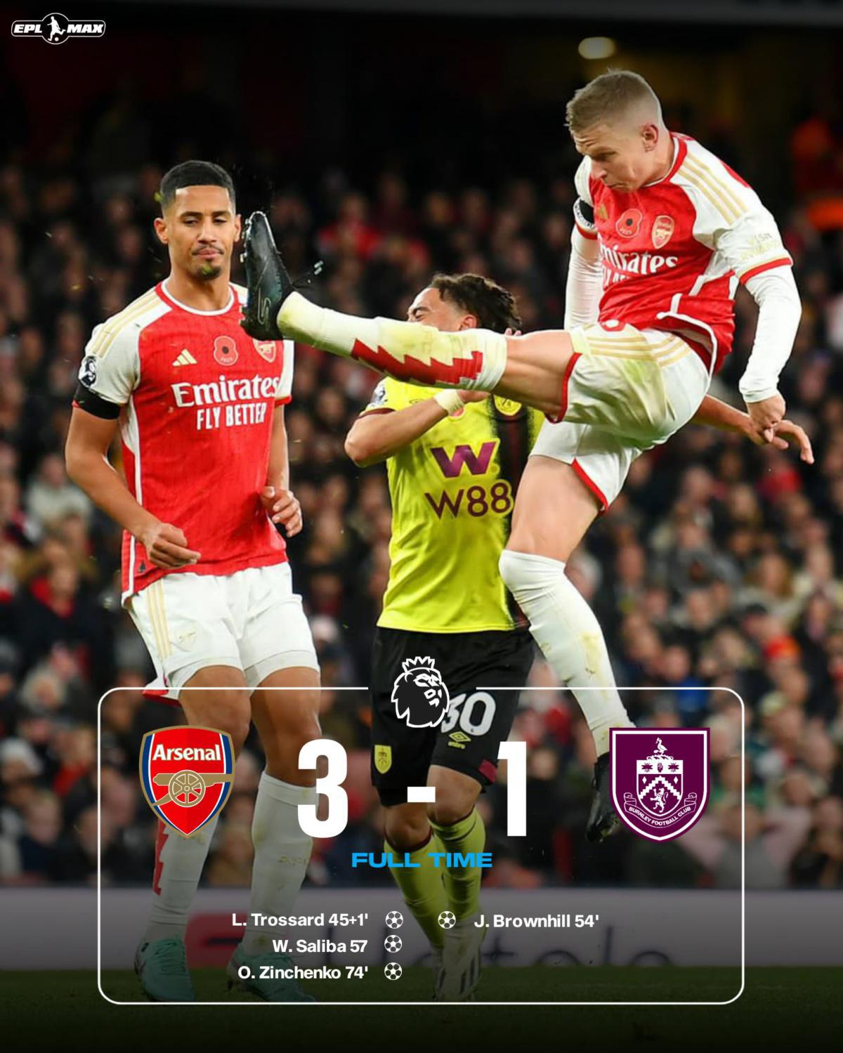 Arsenal 3-1 Burnley: Gunners move up 2nd as Trossard, Saliba & Zinchenko net