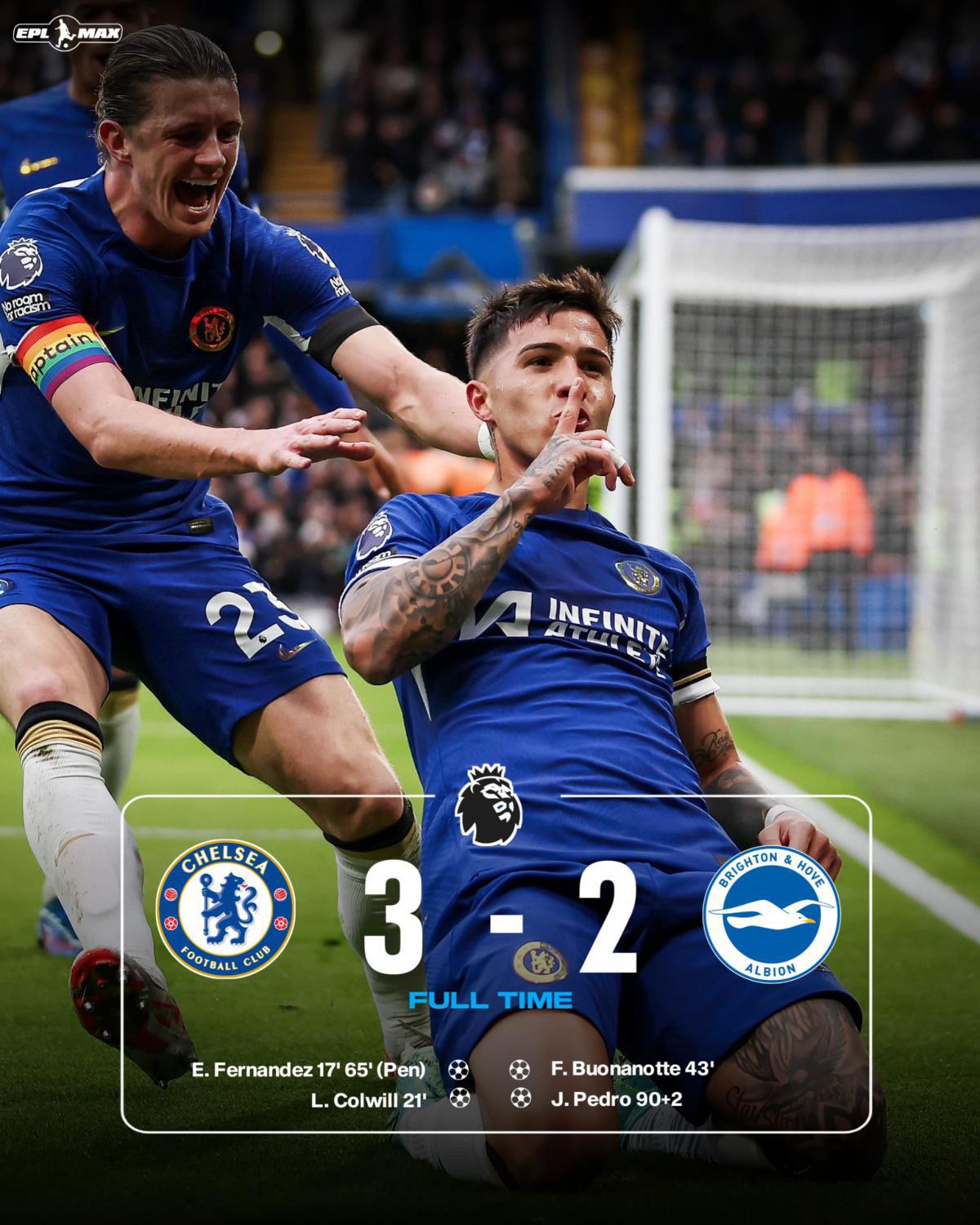 Chelsea 3-2 Brighton: Enzo's brace, Colwill's goal seal 10-man Blues victory