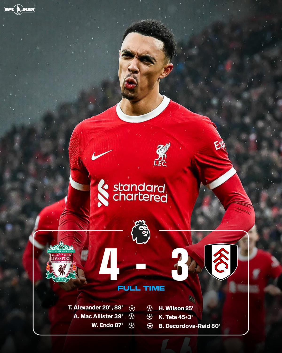 Liverpool 4-3 Fulham: TAA & Mac Allister net stunner, Reds win 7-goal thriller