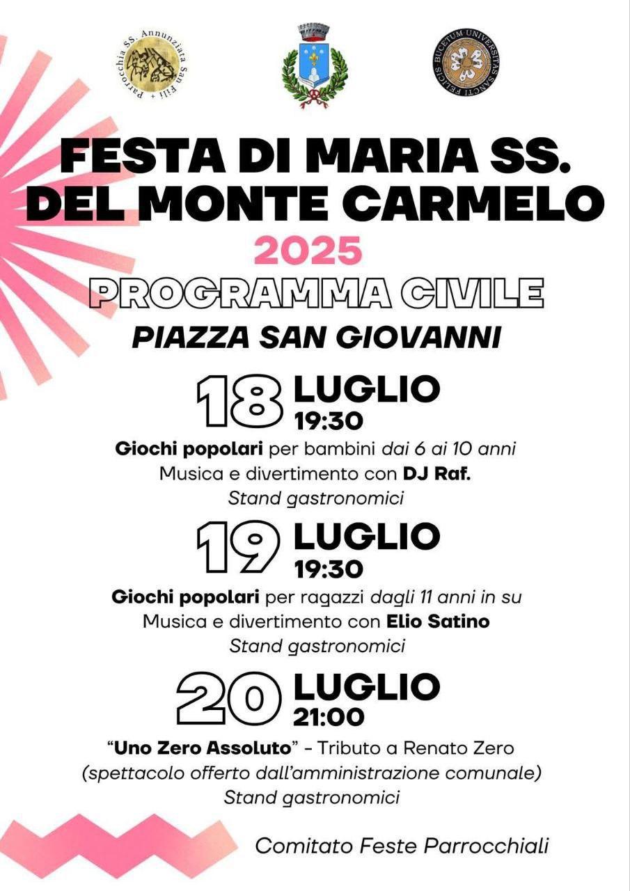 Giochi popolari per bambini dai 6 ai 10 anni - Serata musicale con DJ Raf - Stand Gastronomici (start h. 19.30)