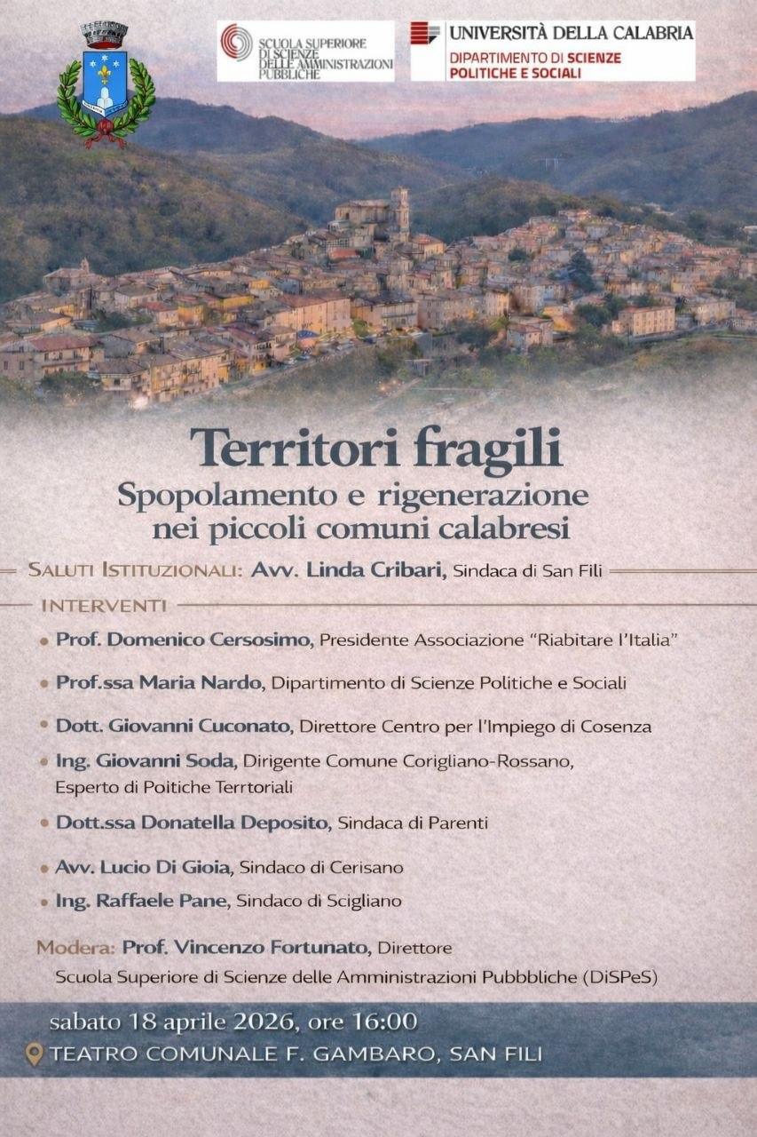 Territori fragili Spopolamento e rigenerazione nei piccoli comuni calabresi (inizio ore 16.00) Territori fragili Spopolamento e rigenerazione nei piccoli comuni calabresi (inizio ore 16.00)