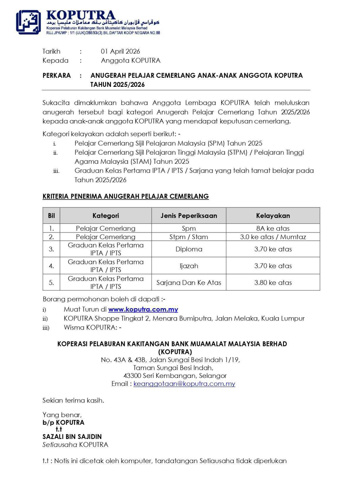 PENGISYTIHARAN DIVIDEN KOPUTRA BAGI TAHUN KEWANGAN BERAKHIR 31 DISEMBER 2024