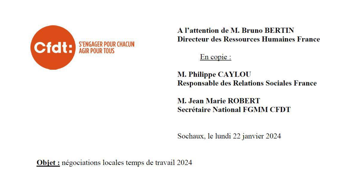 Courrier: négociations locales temps de travail du 22/01/24