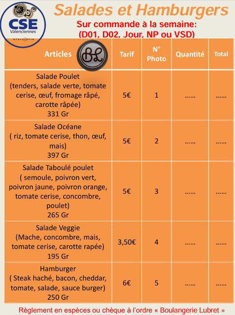 COMMANDE : Salades et Hamburgers en partenariat avec la boulangerie Lubret COMMANDE : Salades et Hamburgers en partenariat avec la boulangerie Lubret