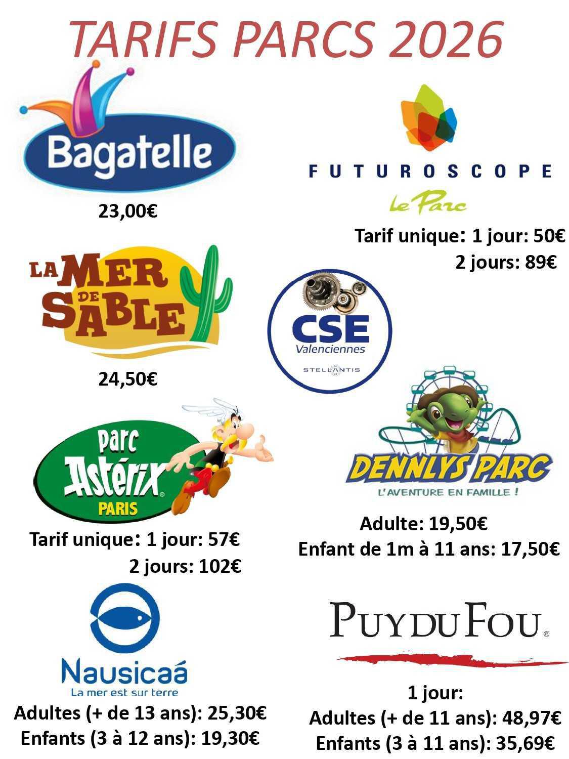 TARIFS 2026 : PARCS ATTRACTIONS et AQUATIQUES