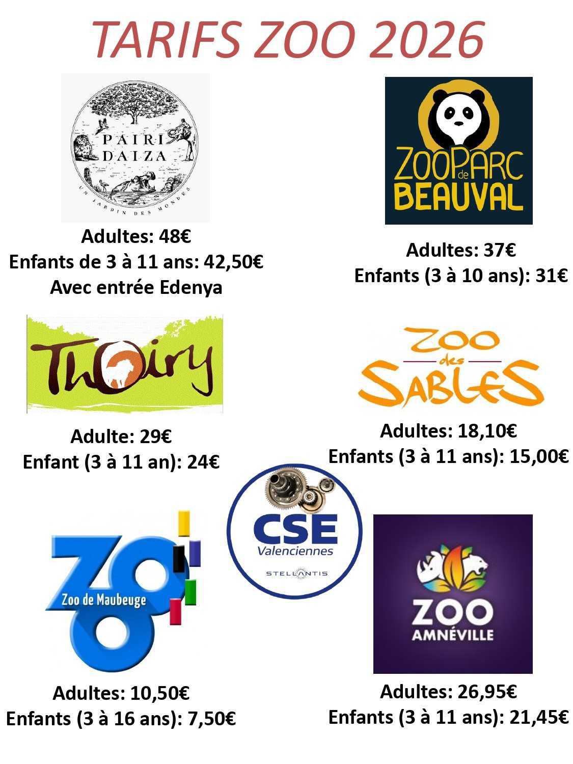 TARIFS 2026 : ZOO 