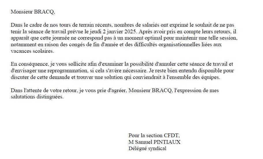 Courrier : demande d'annulation de séance du jeudi 2 janvier 2025