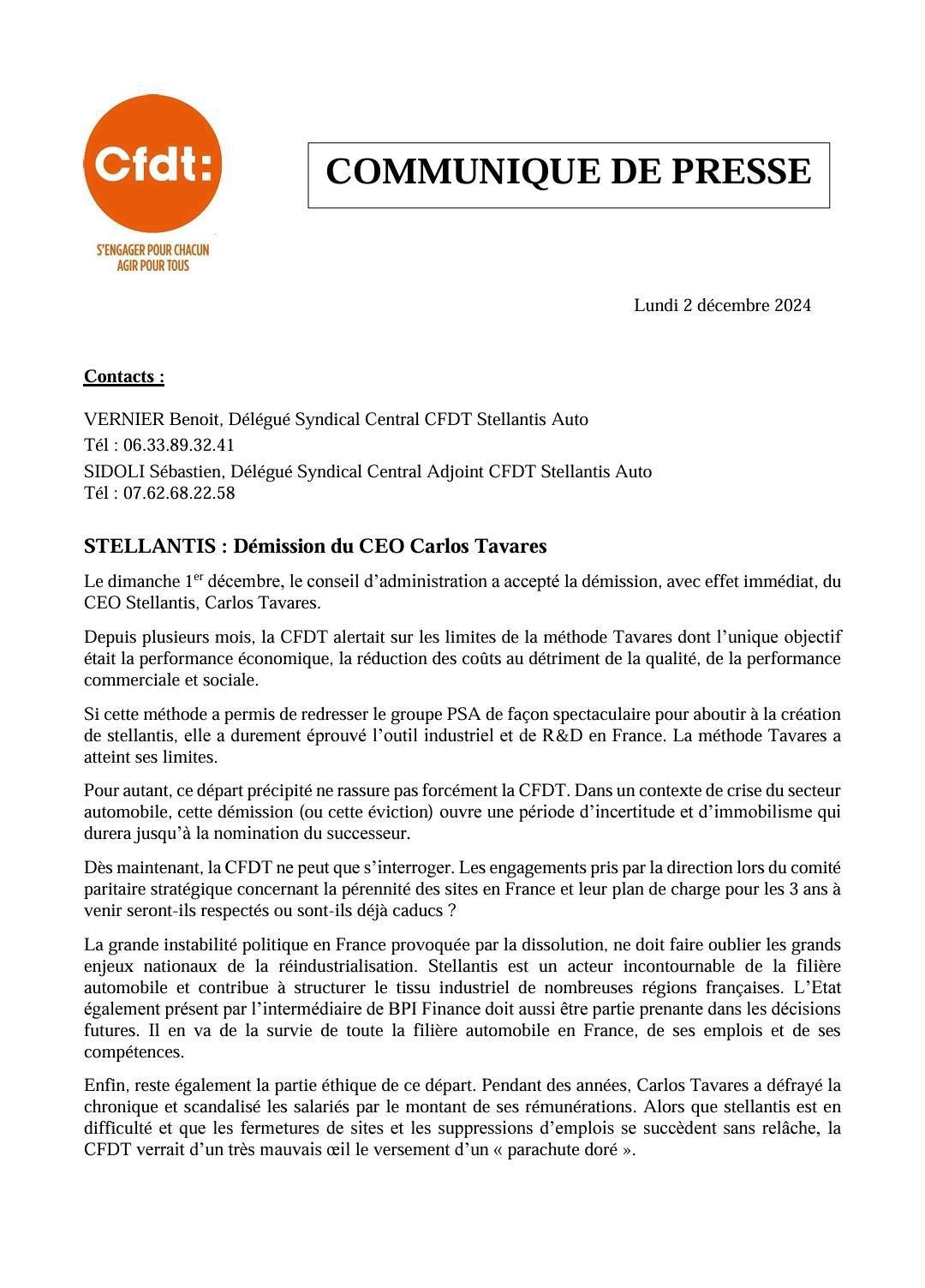 Communiqué de presse CFDT sur la démission du CEO de Carlos Tavares