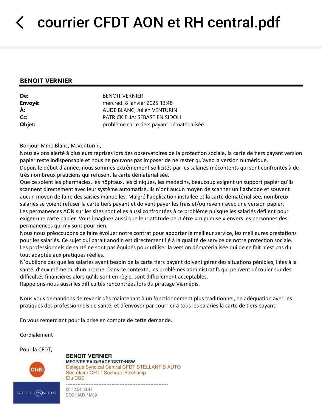 Courrier Central CFDT carte AON mutuelle
