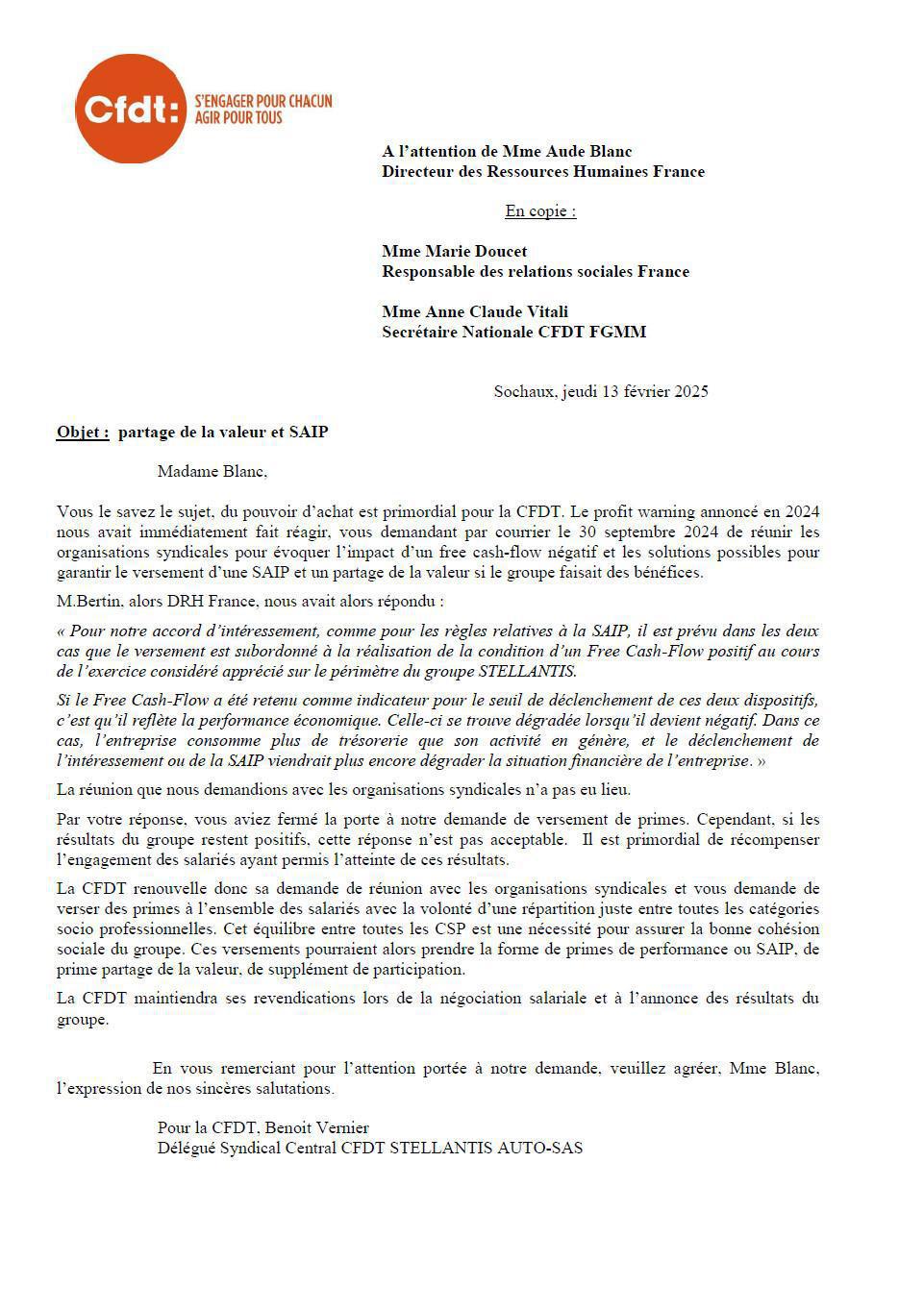 Courrier Central CFDT partage de la valeur et SAIP