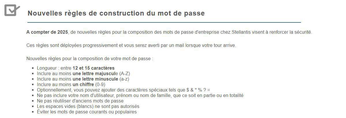 Changement des règles sur les Mot de passe RPI Stellantis