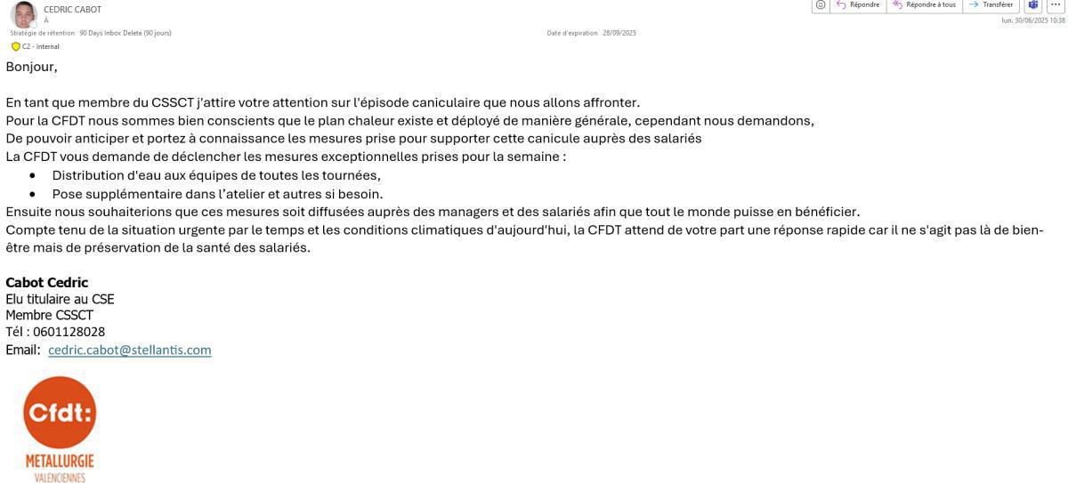 Déclenchement des mesures du plan chaleur par la CFDT Déclenchement des mesures du plan chaleur par la CFDT