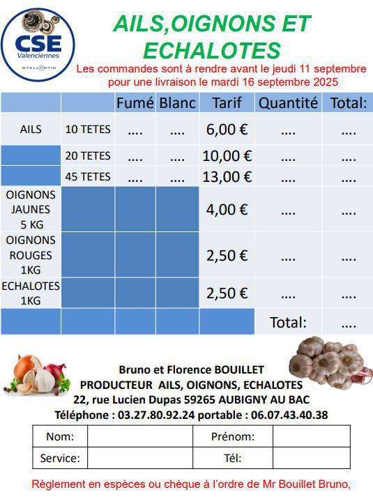Ails, Oignons et Echalotes (à rendre avant le 11 septembre 2025)