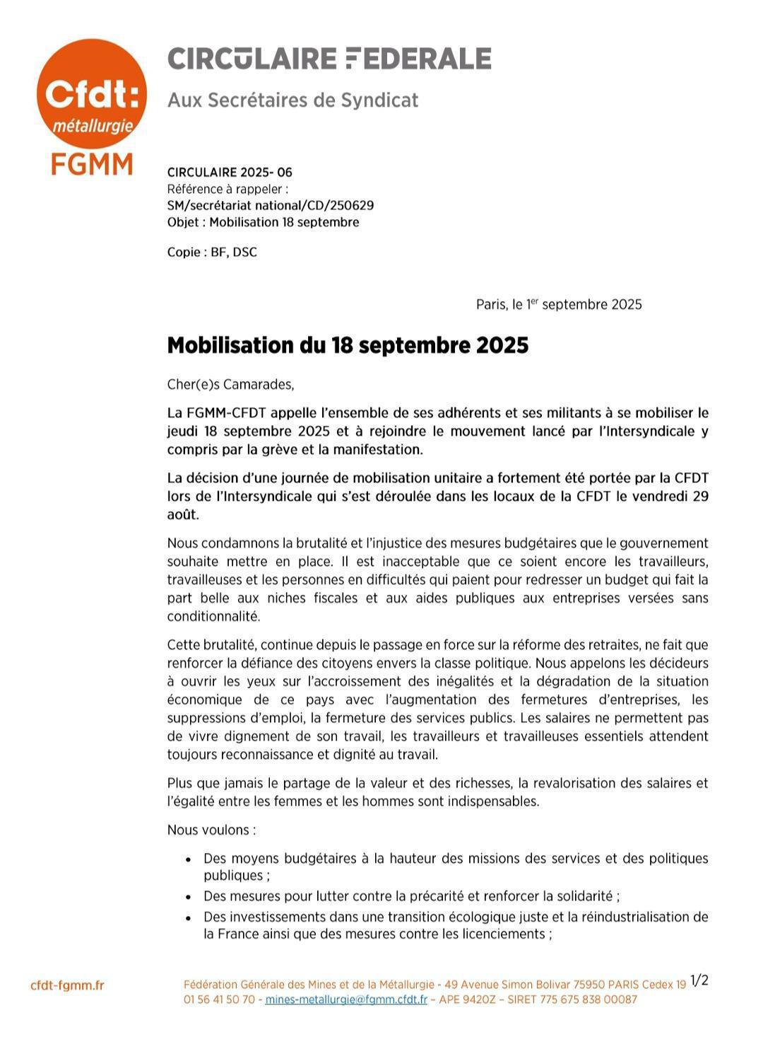 Mobilisation le 18 septembre 2025