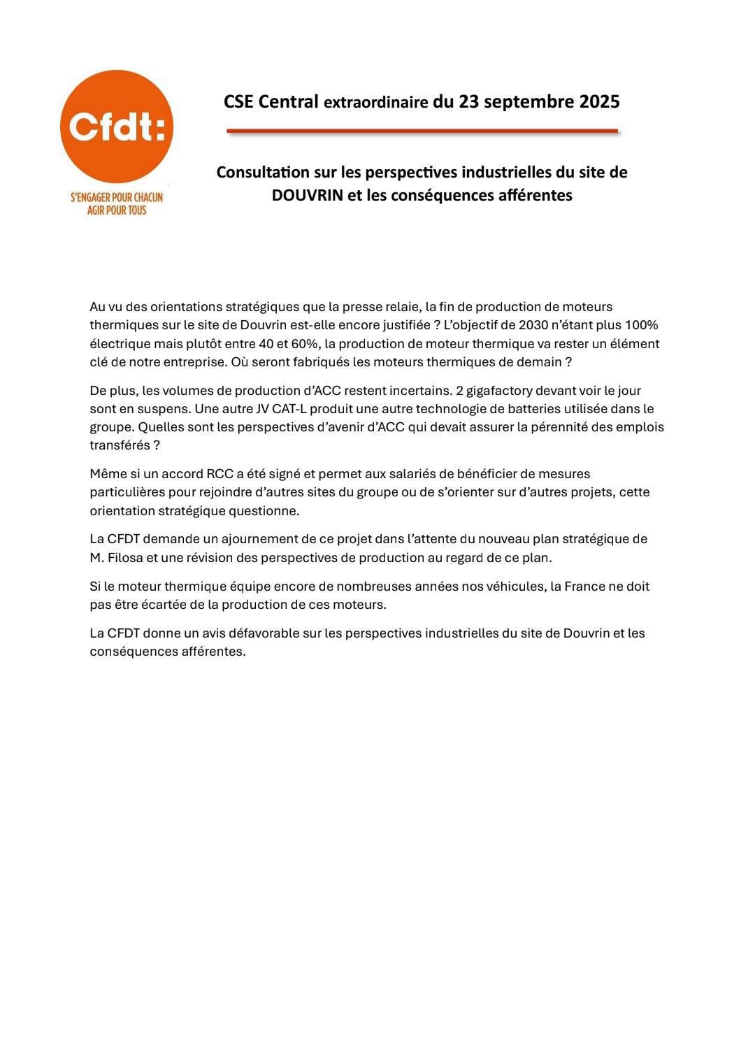 Déclaration CSE central du 23 septembre 2025 par la CFDT