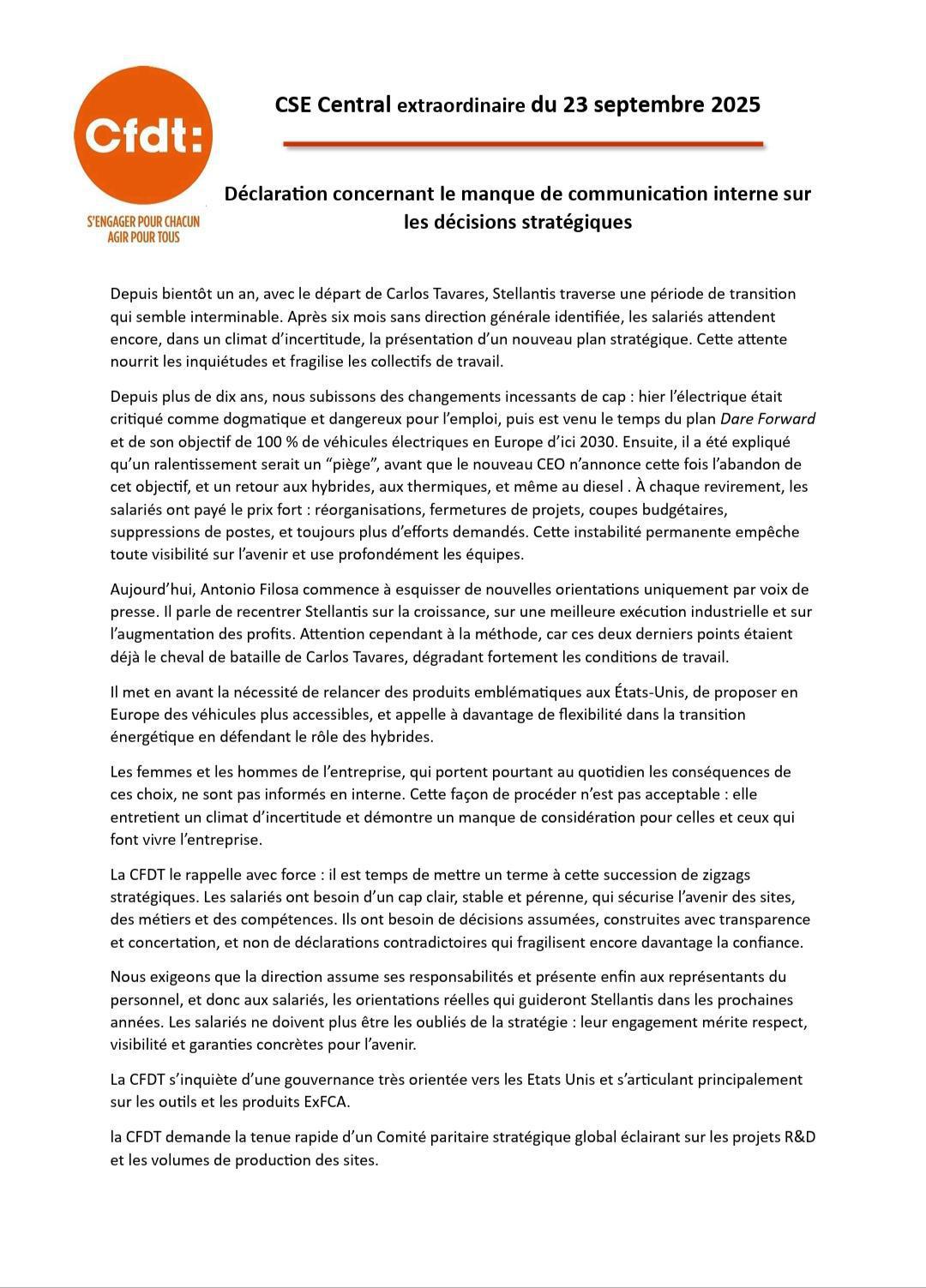 Déclaration CSE central du 23 septembre 2025 par la CFDT