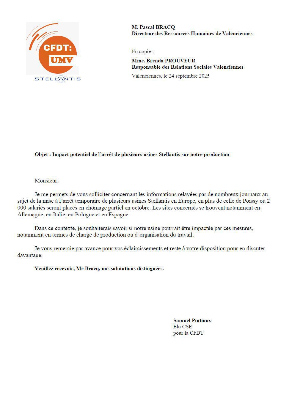 Courrier : Impact potentiel de l’arrêt de plusieurs usines Stellantis sur notre production