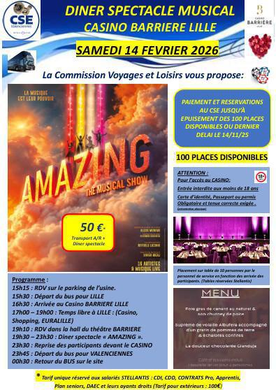 Diner Spectacle Musical Casino Barrière Lille le 14/02/2026