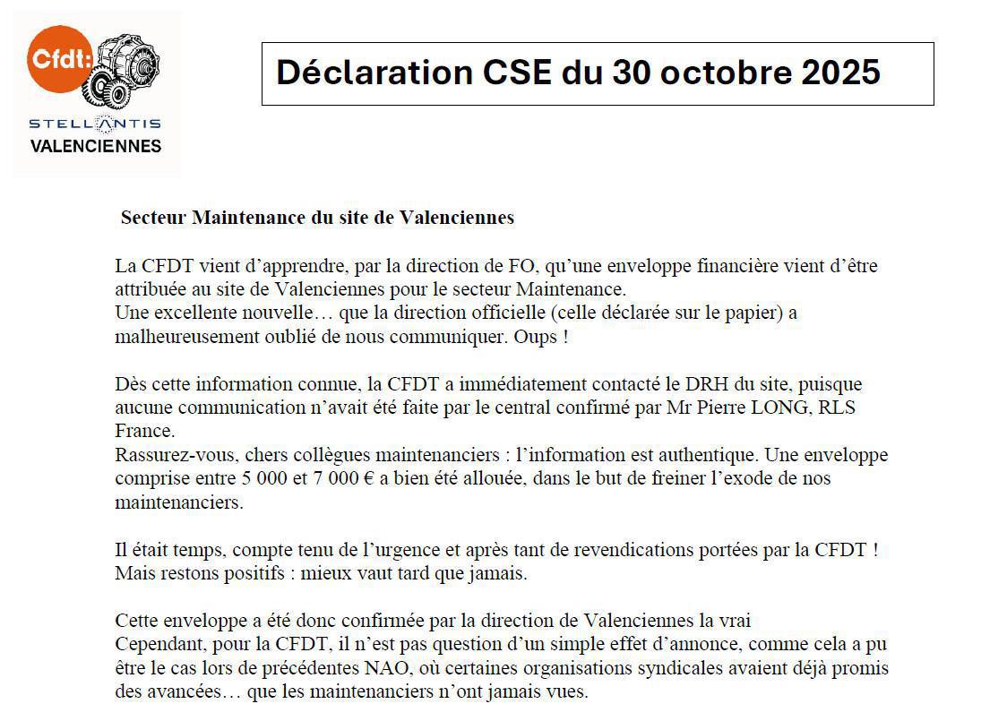 Déclaration CSE ordinaire du 30 octobre 2025 par la CFDT du site de Valenciennes